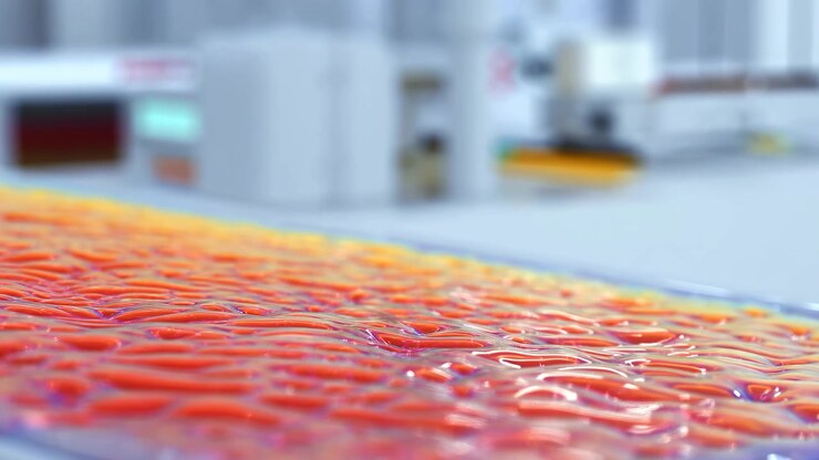 Close low-angle view follows changing colored light across a clear rippled surface with red embedded shapes, bright reflections, shallow focus, and softly blurred equipment behind.