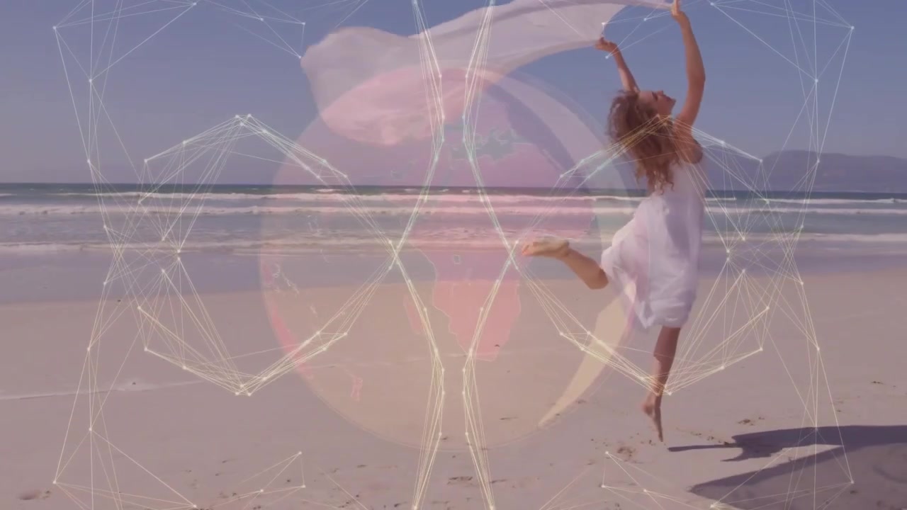 Vertical video: Dancer moving on beach sphere appearing on torso and morphing into mesh for tech