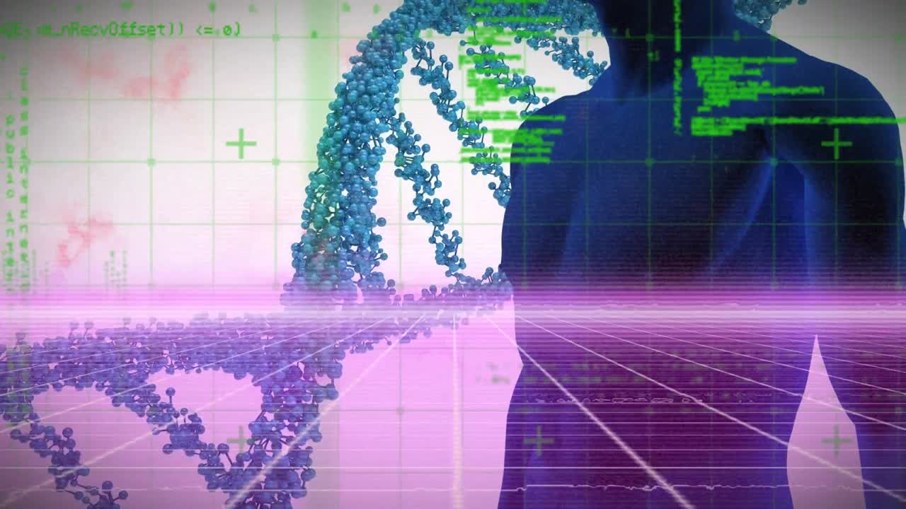 animación del hilado de cadenas de adn, el cuerpo humano y el procesamiento de datos médicos