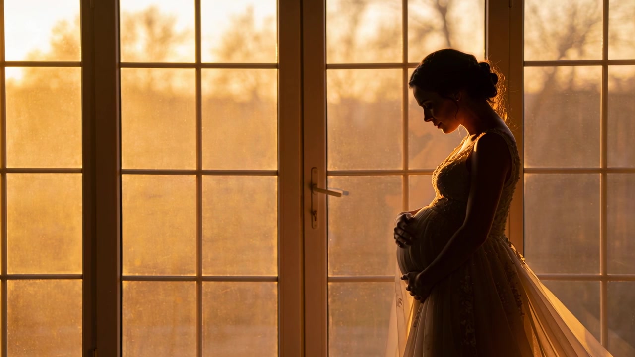 Holding pregnant woman adjusting hands at glass doors as light falling, gown, bonding, copy space