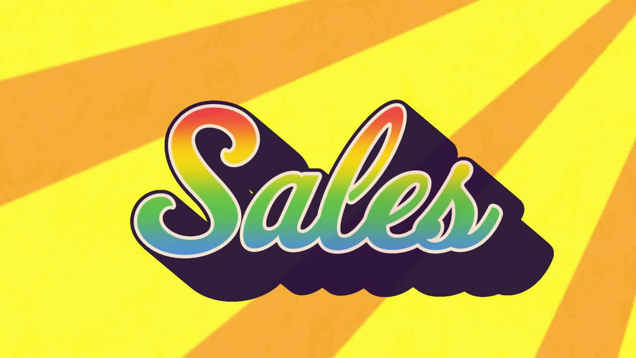 animación de un cartel de texto de ventas contra rayos radiales en un patrón sin costuras sobre fondo amarillo