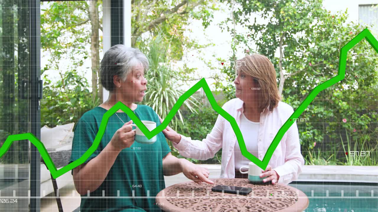 Mother starting health talk on patio pointing at phone daughter sipping mug line chart following