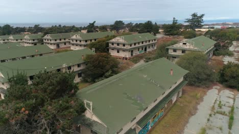 Aerial-shot-of-Abandoned-Military-Base-Barracks,-Fort-Ord-Near-Monterrey-California