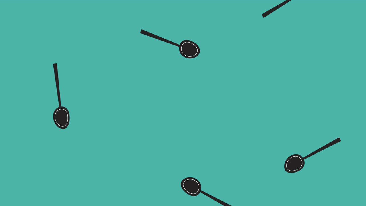Animation of illustration of black spoons falling on blue background