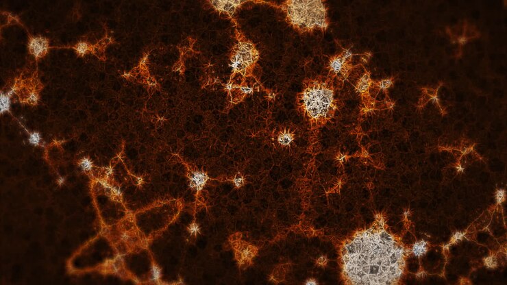 Animazione di molteplici molecole 3D gialle luminose
