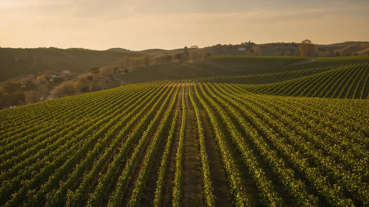Drone che plana abbassandosi su un vigneto al tramonto, rivelando i vitigni a spalliera e il sentiero sterrato