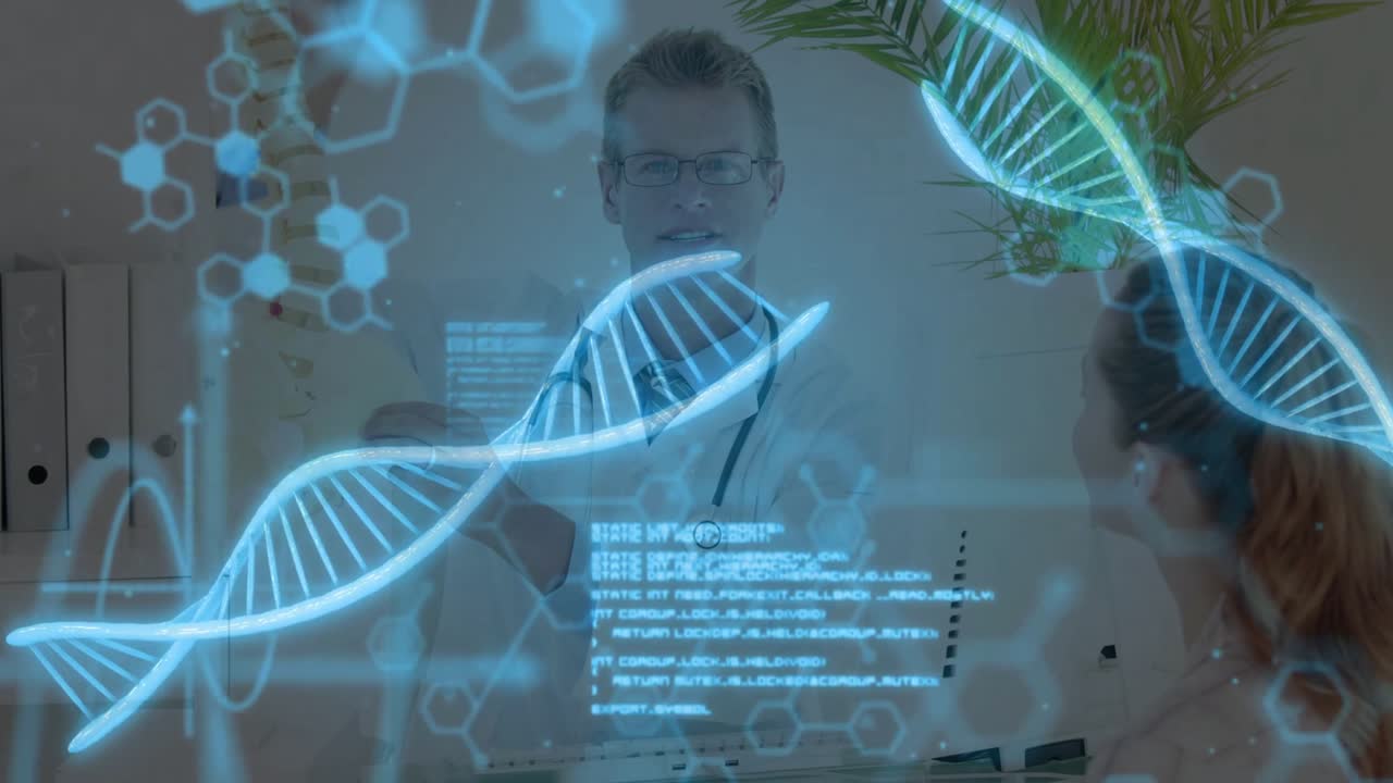 Doctor holding sample vial and activating rotating DNA helix with code overlay for genetic analysis