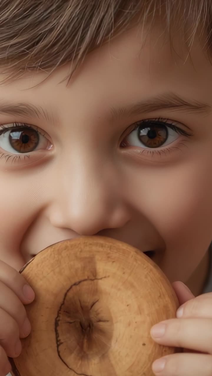 Vertical video: Camera rolling child holding snack to nose, moving down, preparing bite at home