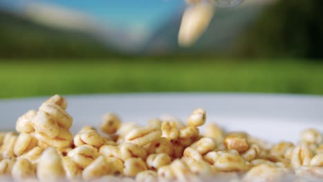 Preparing-a-vegan-breakfast-into-a-bowl-of-cereals-flakes-with-no-sugar-in-slow-motion-on-a-sunny-day-Extreme-close-up-detail-shot