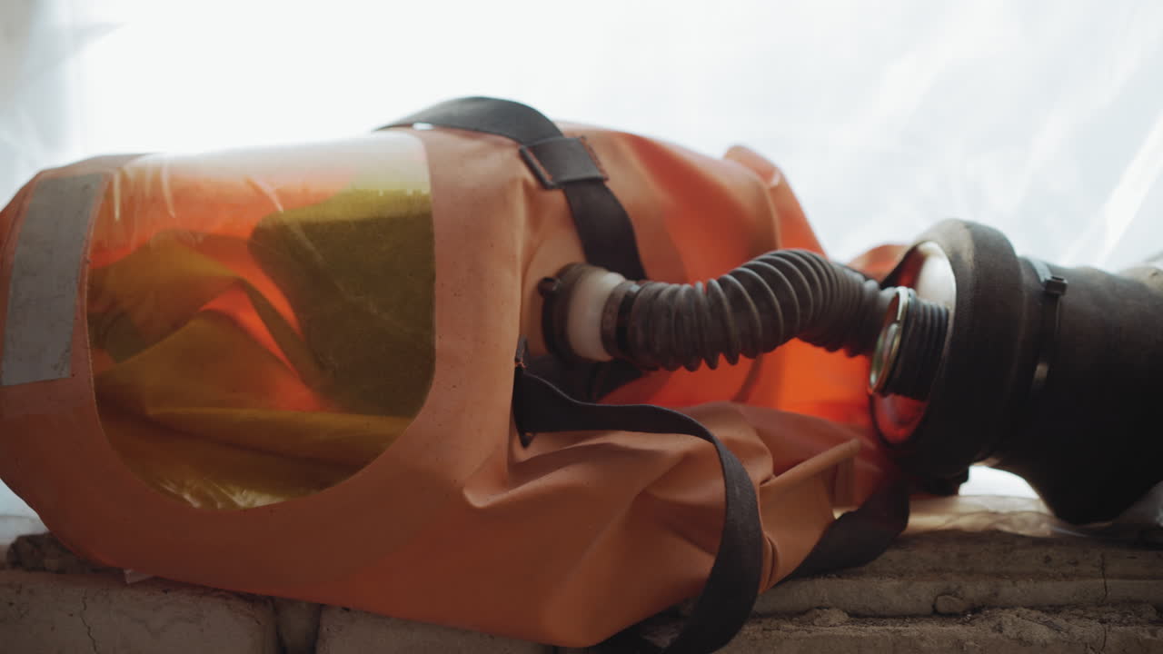 Close up of abandoned orange hazmat respirator lying on cracked concrete ledge inside derelict building, rubber breathing hose attached to facepiece, visor reflecting muted light, background