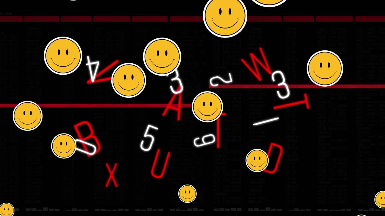 검은색 배경에 변하는 숫자와 글자에 대해 떠다니는 여러 개의 웃는 얼굴 이모지