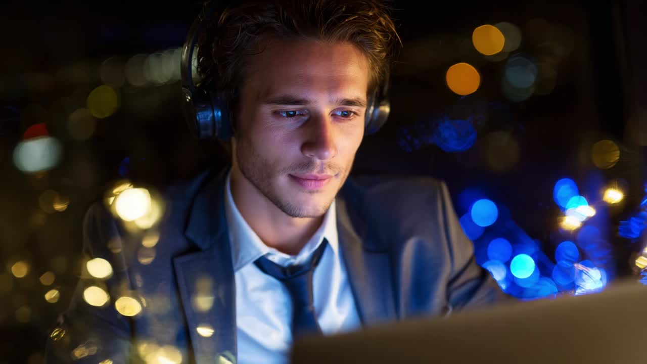 Focused young man in a suit wearing headphones, intently working on his laptop amidst a mesmerizing backdrop of colorful lights, creating a captivating blend of technology and nighttime ambiance