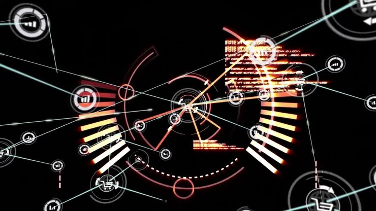 Animation of network of connections over scope scanning and data processing on black background