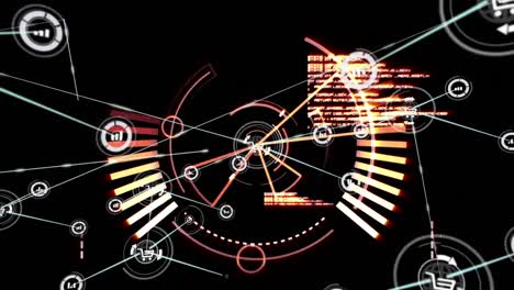 Animation-of-network-of-connections-over-scope-scanning-and-data-processing-on-black-background