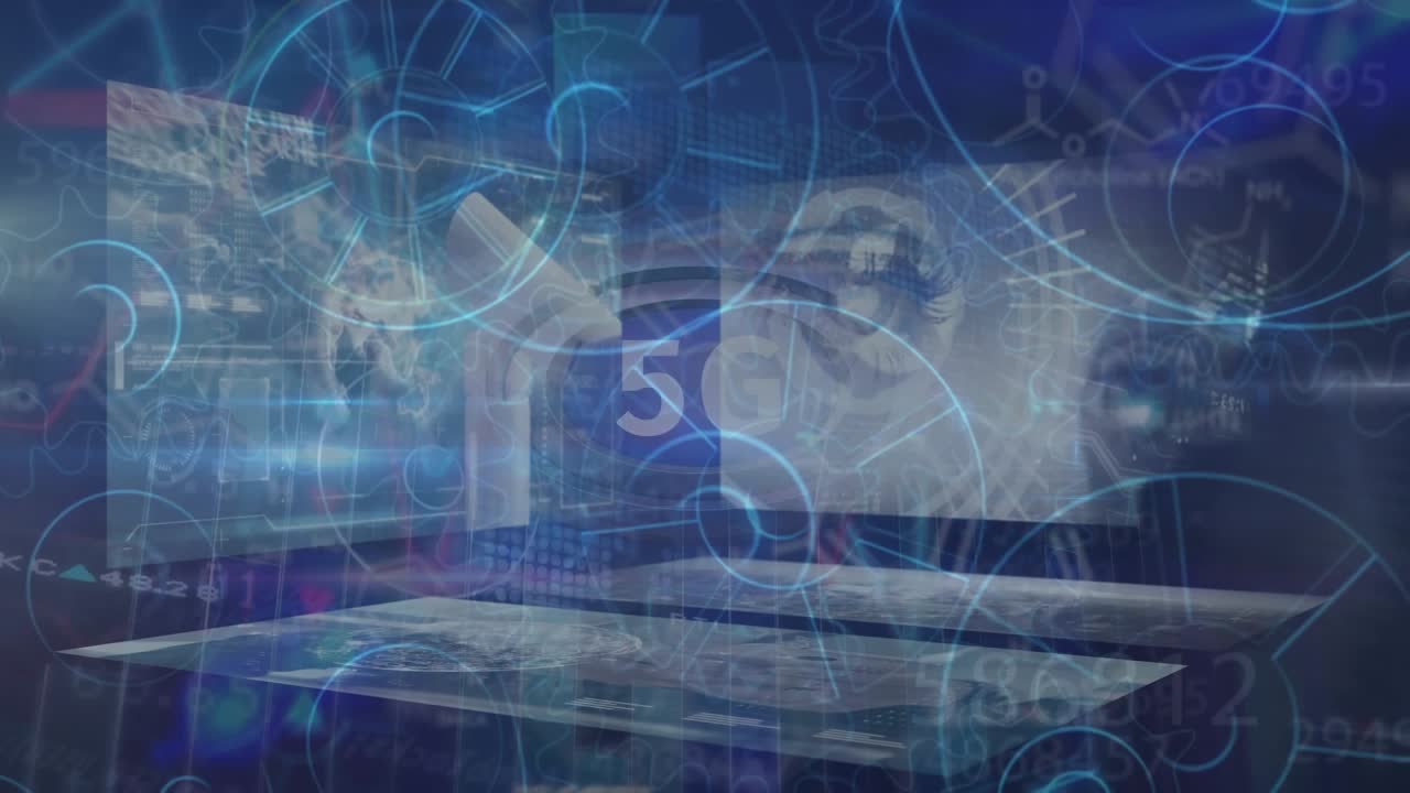 Animation von 5G-Text und runden Scannern über Bildschirmen mit Datenverarbeitung auf blauem Hintergrund.