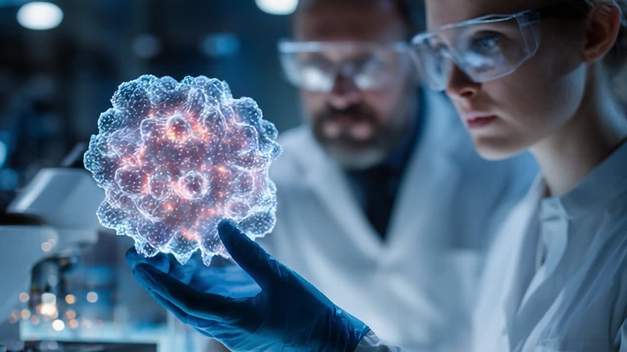 Cientistas examinando a estrutura molecular em ambiente laboratorial