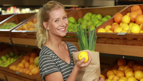 bionda sorridente con una borsa di carta che raccoglie limoni