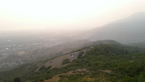 Squaw-Peak---Scenic-Wasatch-Mountain-Lookout-with-Wildfire-Smoke-in-Utah,-Aerial