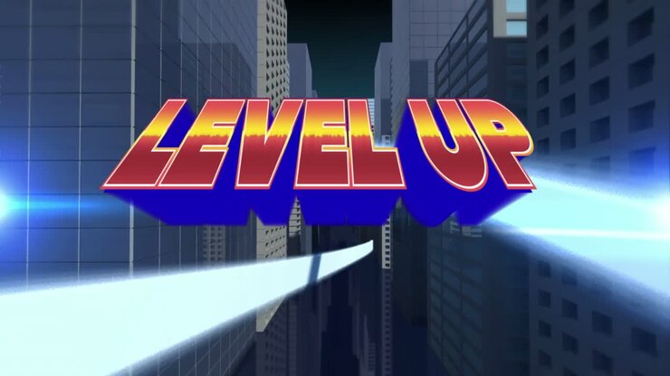 Animation of orange text level up, with white swirl, over modern cityscape