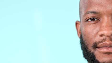 Zoom, half and confused black man face in studio