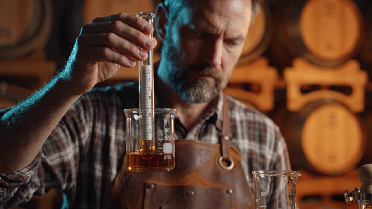 Un abile mastro distillatore analizza liquore in un ambiente di laboratorio con tini di botti di whisky sullo sfondo, mostrando precisione e competenza artigianale