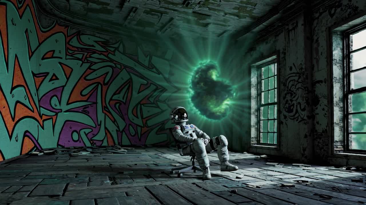 Astronaut in an Abandoned Room with a Portal