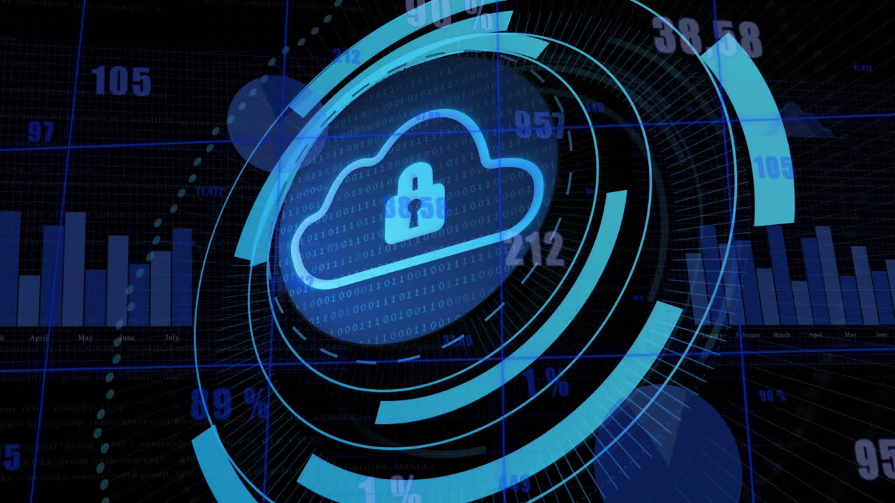 Animation of security padlock and cloud icon on round scanner against statistical data processing