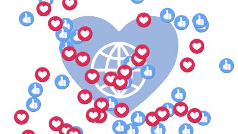 Animation-of-heart,-globe-and-social-media-reactions-over-white-background