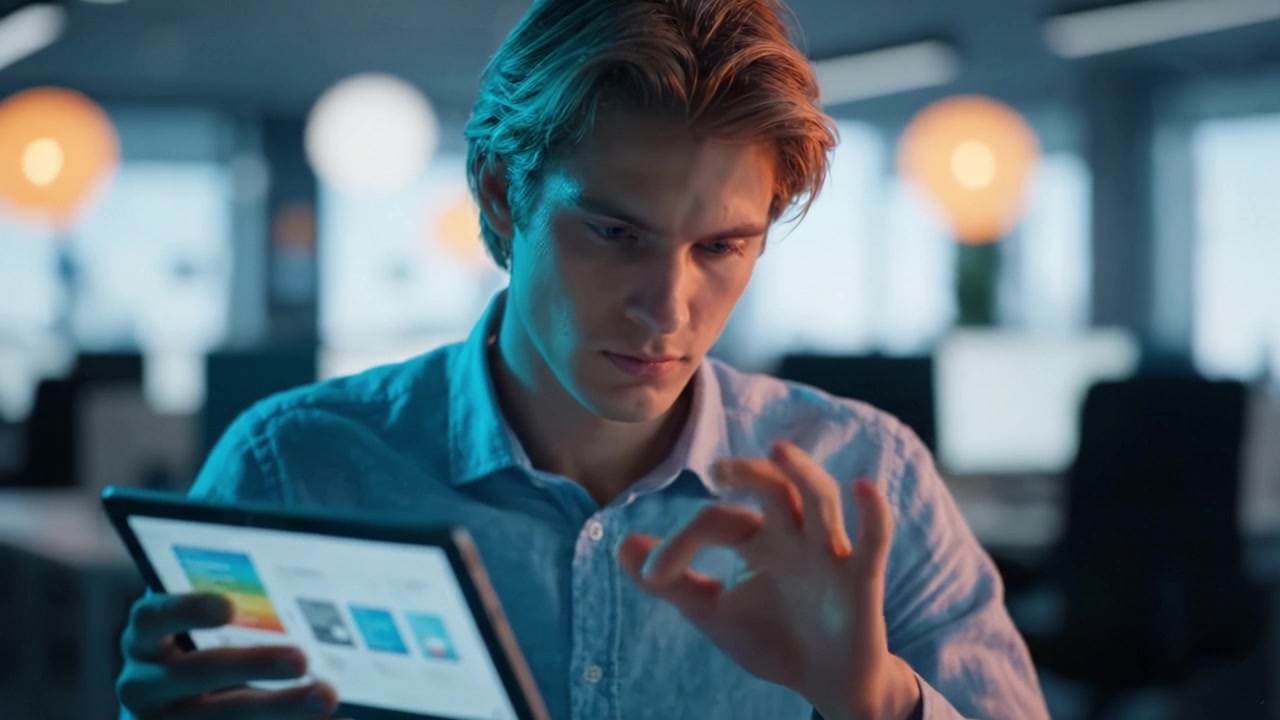 Focused young man intently interacting with a digital tablet in a modern workspace, illuminated by ambient light, showcasing a blend of technology and concentration.