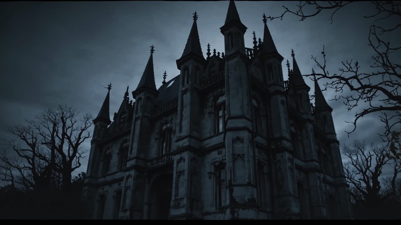 Eerie gothic mansion captured from a low-angle, enhancing its ominous presence