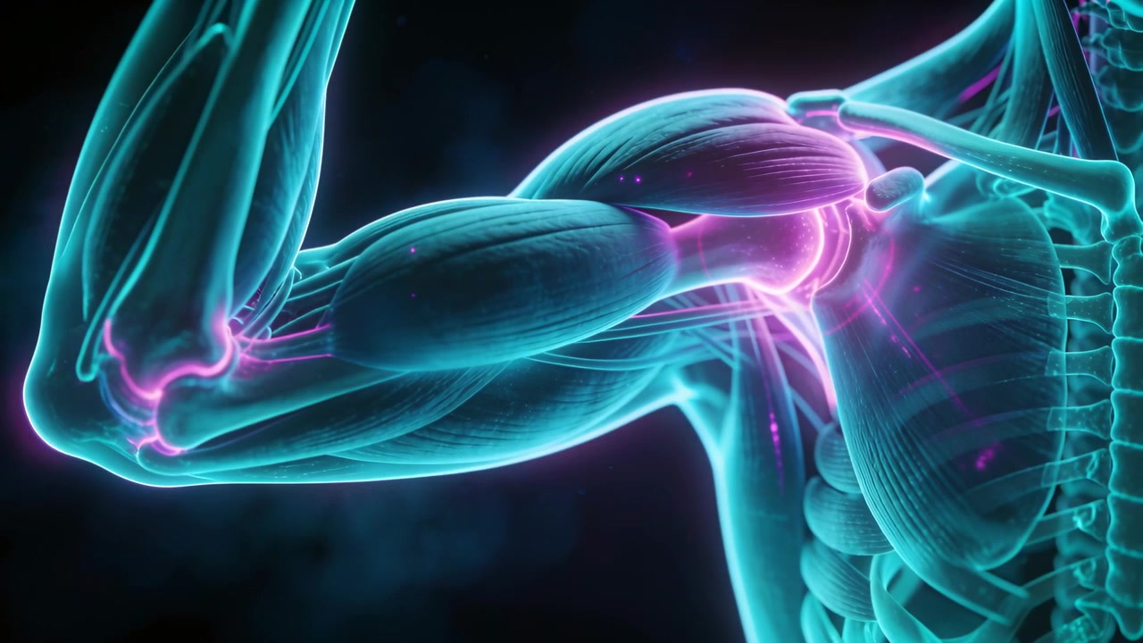 Shifting camera showing neon right upper limb flexing in studio render, highlighting shoulder joint