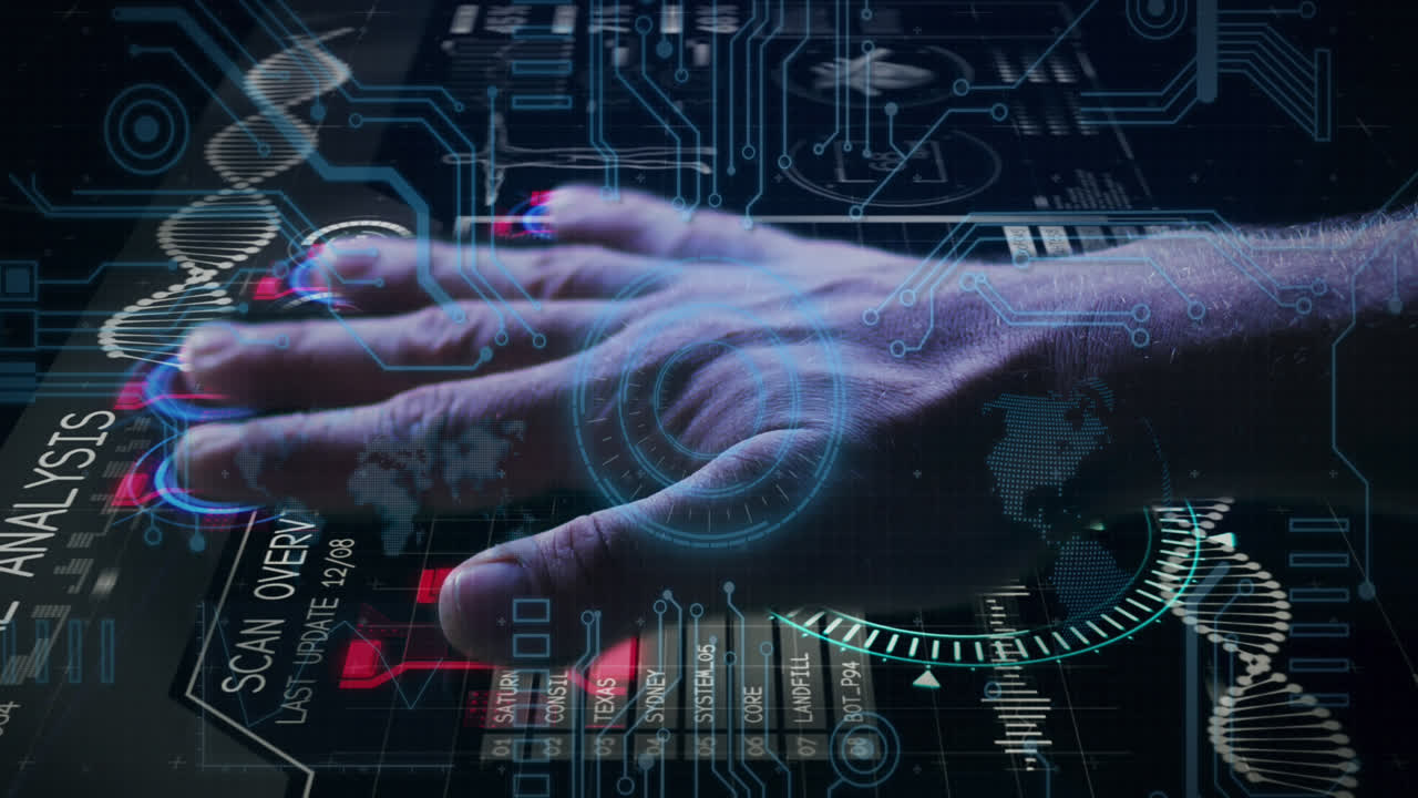 animación del hombre caucásico escaneo de la mano con elemento hud, procesamiento de datos en interfaz digital