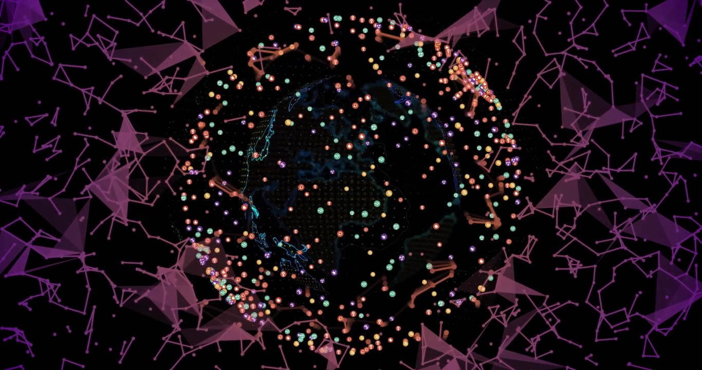 3D blue grid globe appearing rotating while multicolored orbs and mesh drifting visualizing data