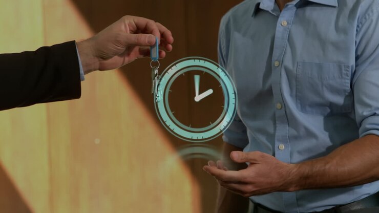 Animation of moving clock over diverse business people working at office