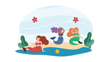 three beautiful fairy tale mermaids on the beach animation