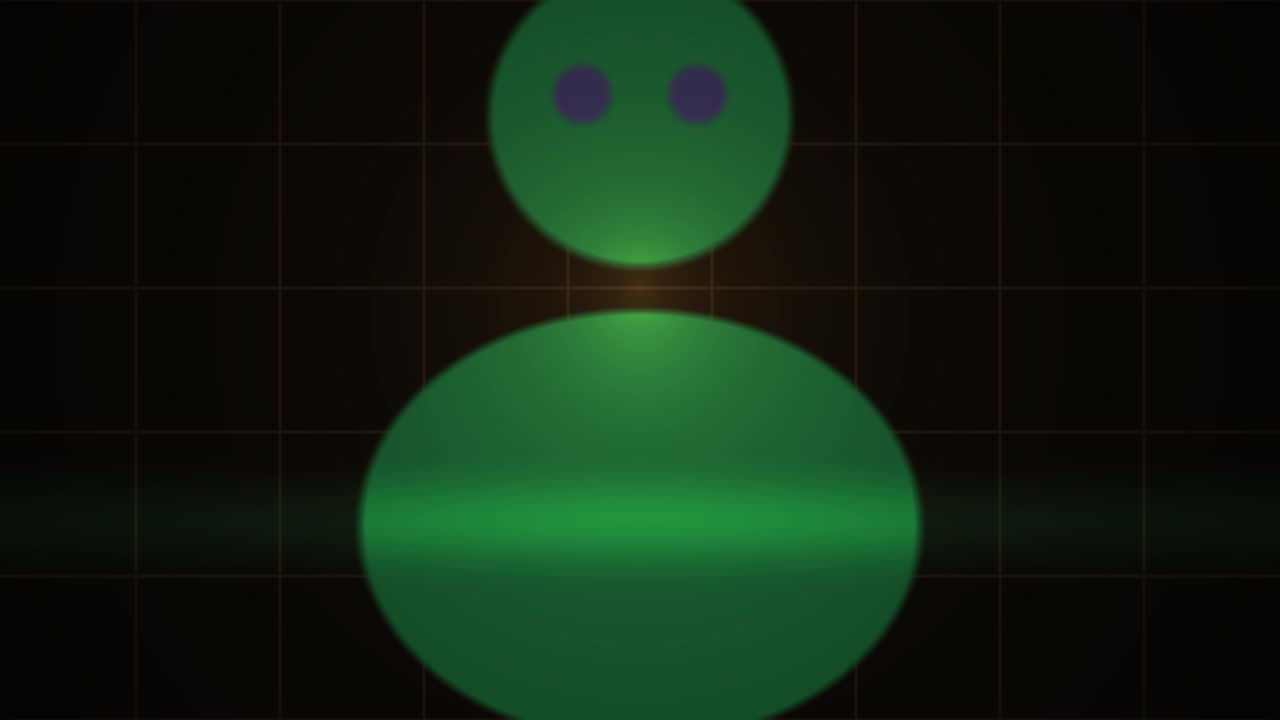 Figura verde minimalista con luce in scansione e occhi lampeggianti