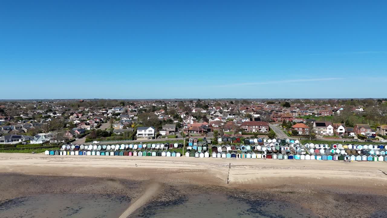 Row of Beach Huts West Mersea Essex UK drone,aerial