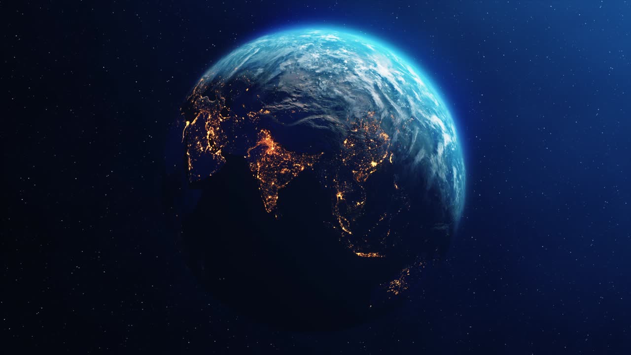 Planet earth slowly rotating day to night concept with bright city lights from space 4k loop