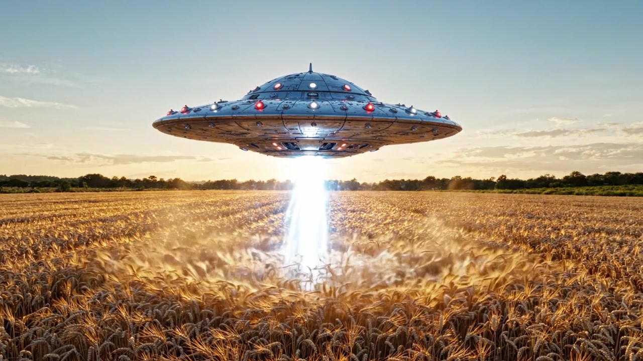 An Unidentified Flying Object Hovers Over a Golden Wheat Field, Casting a Beam of Light Downward as It Engages in an Alien Encounter Amidst a Serene Landscape