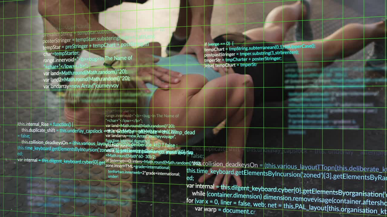 Fitness client performing push-up after trainer cueing for proper form, with grid and code overlay