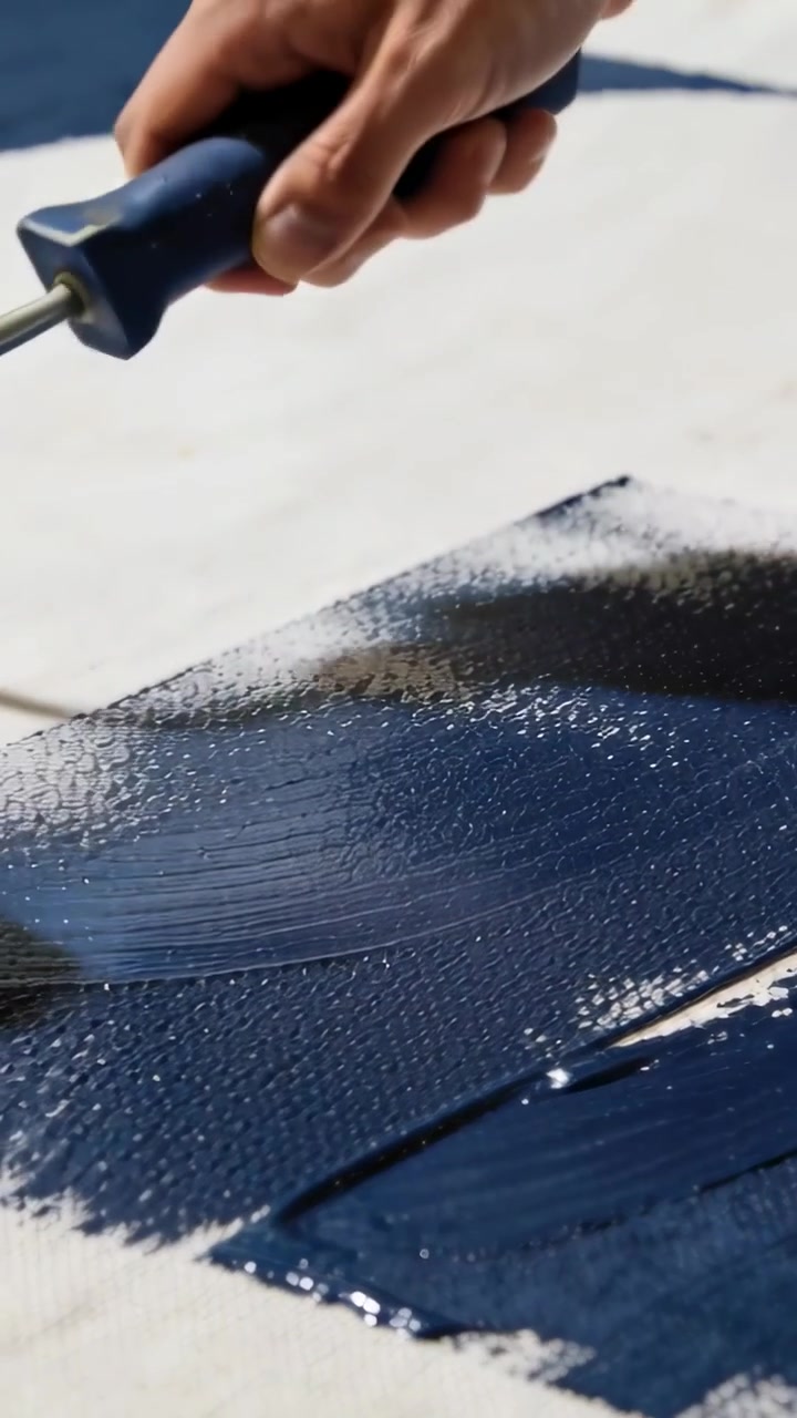 Vertical video: Starting on panel at table, hand rolling foam roller applying navy paint to cover