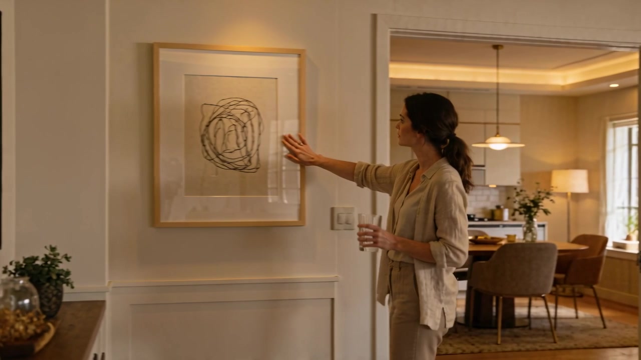 Mulher vestida de bege caminhando, entrando em casa pela direita, ajustando uma obra de arte emoldurada, segurando um copo, com espaço para texto