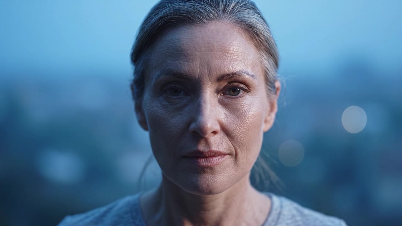 A contemplative woman gazes thoughtfully into the distance, embodying a sense of introspection and serenity against a softly blurred urban backdrop at twilight.