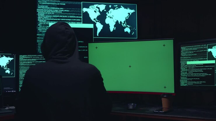 Hacker che hackera con uno schermo verde mock-up isolato e codice su più schermi di computer