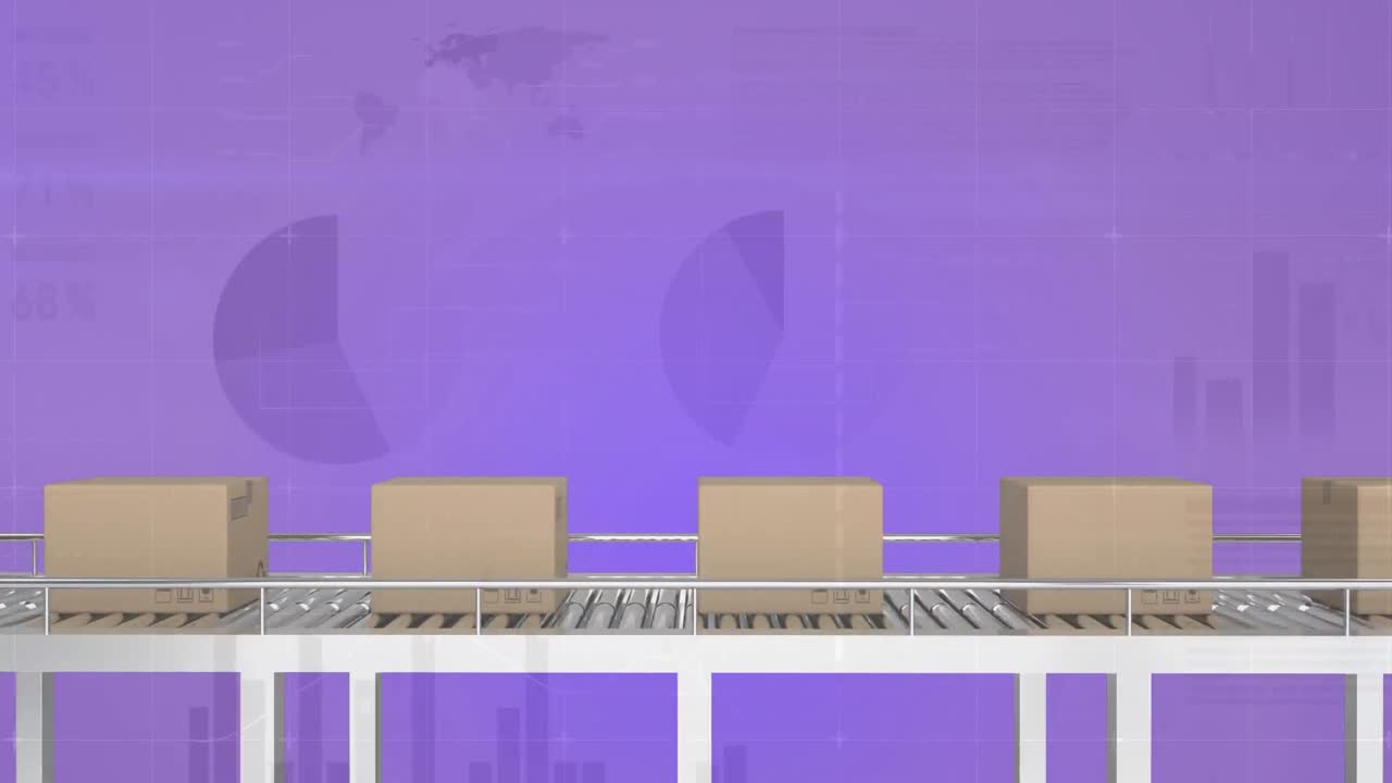 컨베이어 벨트에 있는 카드보드 상자 위에서 금융 데이터 처리의 애니메이션