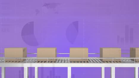 animation of financial data processing over cardboard boxes on conveyor belt