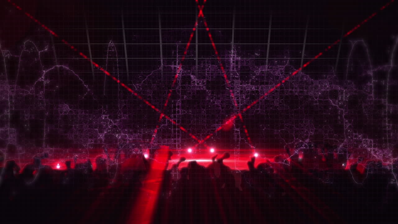 무대에서 빨간 빛의 트레일의 애니메이션과 춤추는 사람들의 실루 위로 움직이는 모양