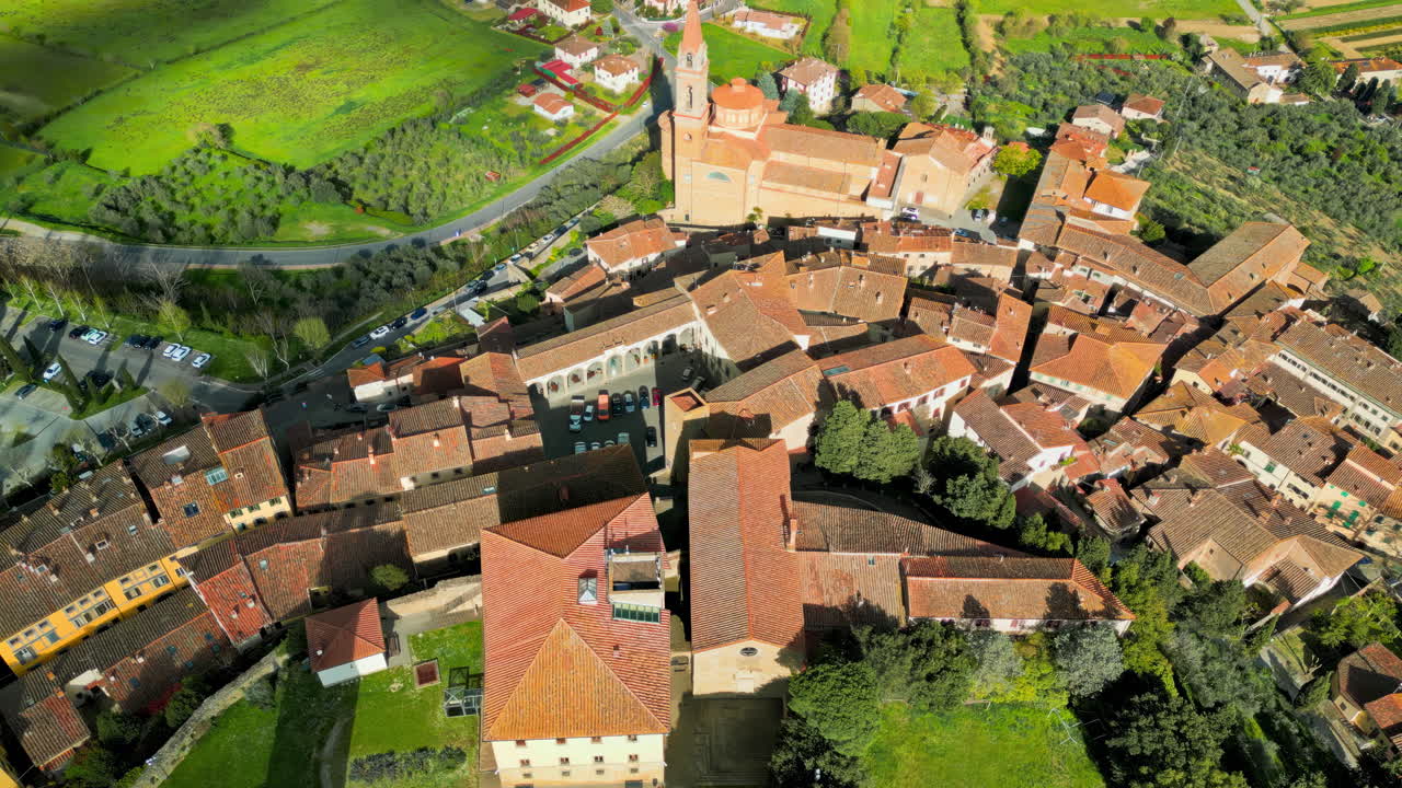 Aerial drone view of the Castiglion Fiorentino small, walled city in eastern Tuscany, Italy