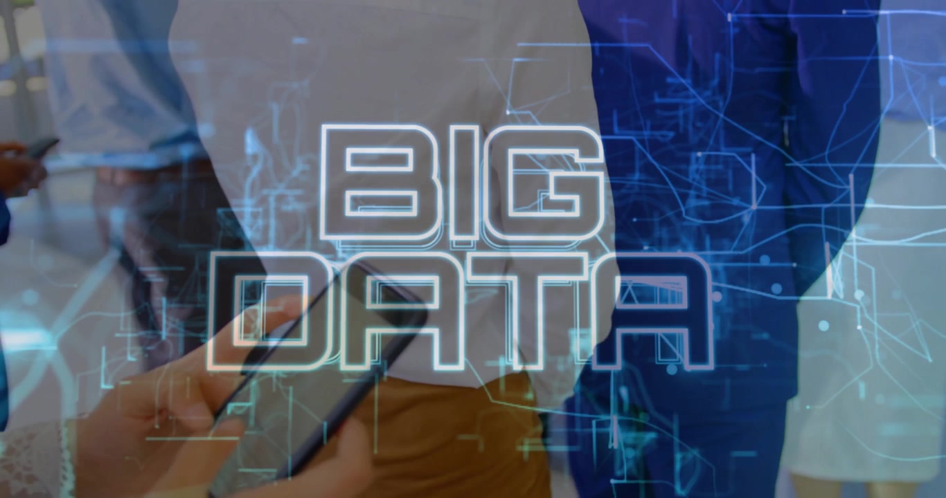 Floating blue circuits forming BIG DATA while analysts scrolling and analyzing data for insights
