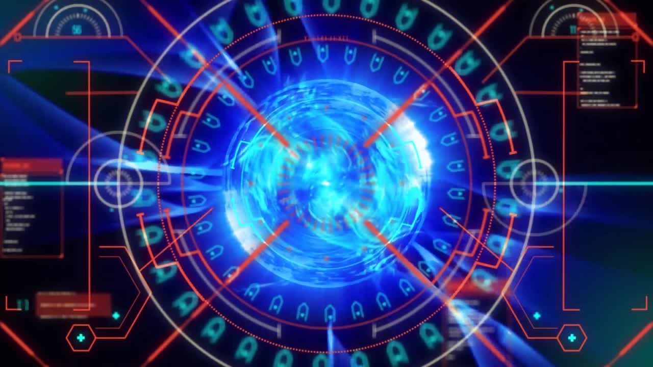 Interfaccia digitale ed elaborazione dati su uno scanner circolare sullo sfondo di un globo su sfondo nero